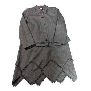 Vintage Harve Benard Wool Skirt Suit Gray Plaid Fringe Diamond Hem 2pc Set Sze 8